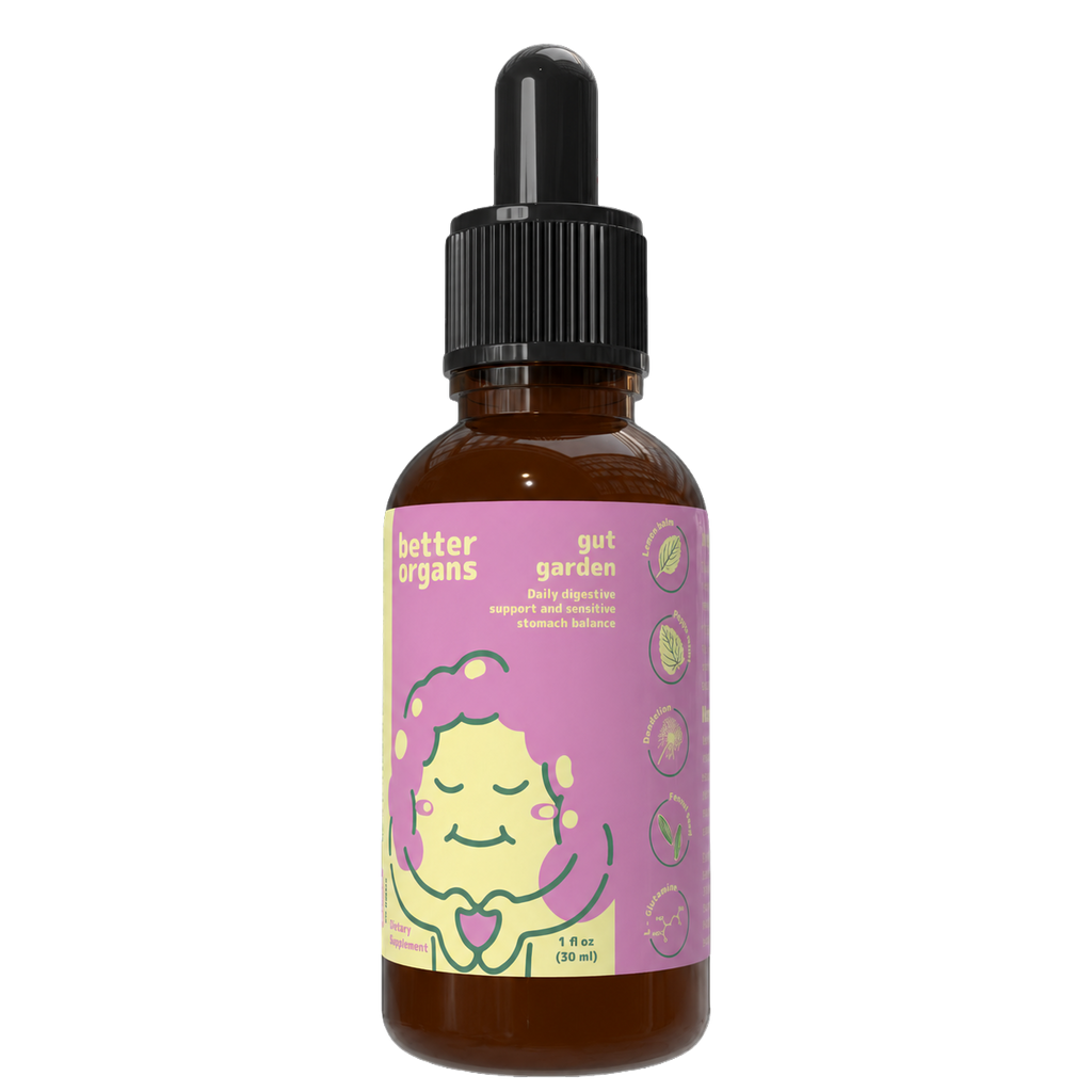 Gut Garden daily digestive support liquid supplement bottle by Better Organs